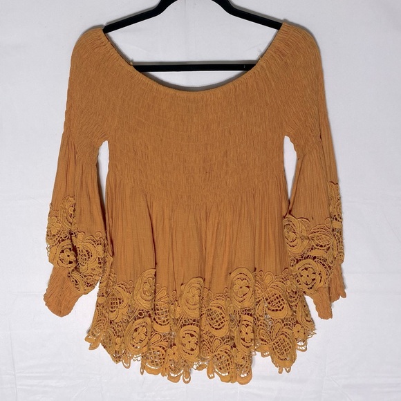 Petal Roz Tops - Petal Roz Yellow Smocked Off Shoulder Puff Sleeve Lace Trimmed Blouse L